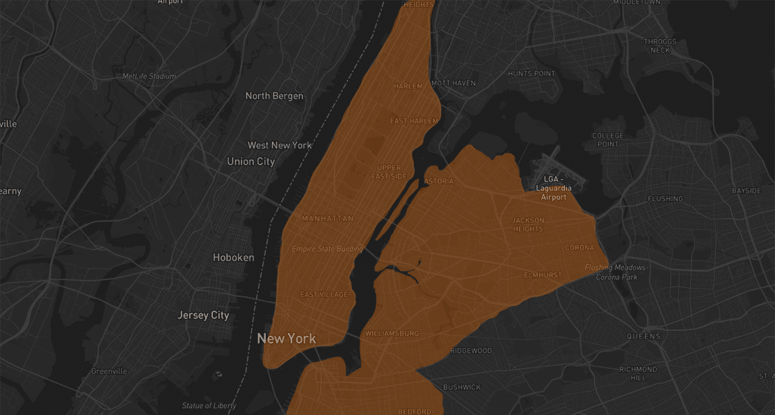 Map of New York City showing Ellieo operational base